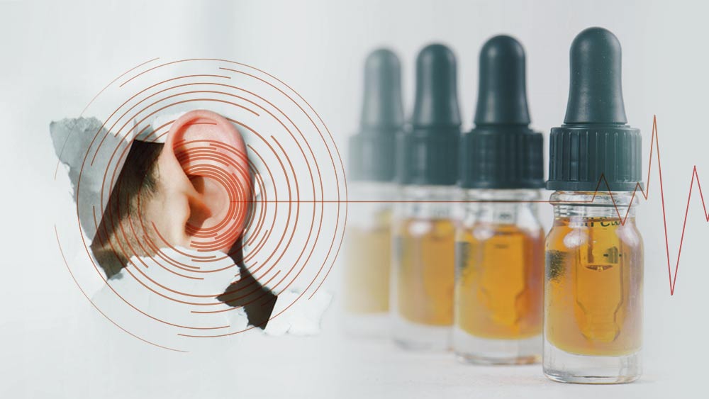 CBD oil and a photo of an ear suffering from tinnitus.