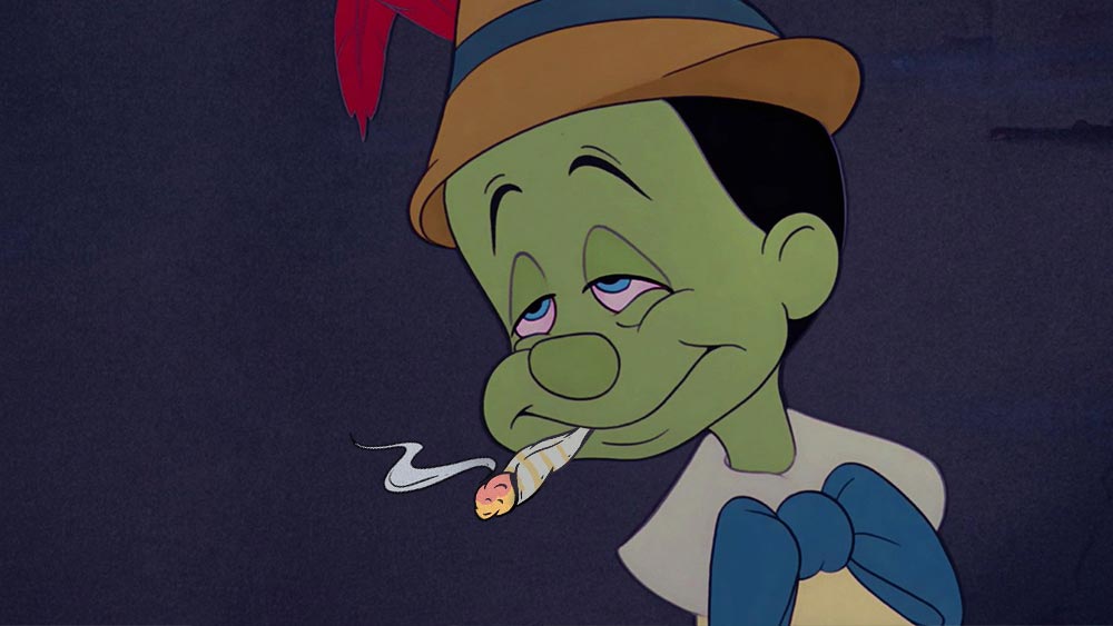 Image from Pinocchio, he's smoking a cigarette green in face