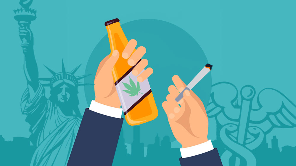 Statue of Liberty in the backgrond, and two hands holding a joint and a CBD infused drink