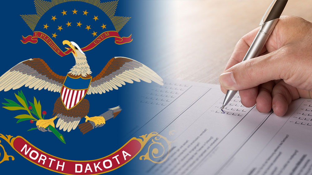 Flag of North Dakota interpolating a ballot signing in relation to the November vote on legalizing Marijuana